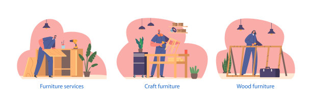 木制家具组装孤立的元素。工人人物安排和附加木片矢量插图图片下载