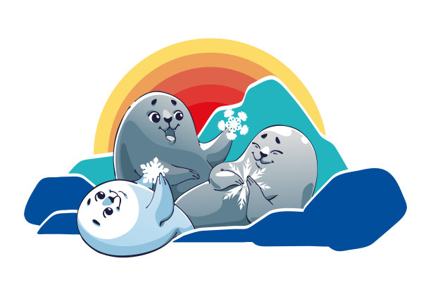 日落时可爱的海豹。卡通家族的极地动物与雪花在白色的背景。图片下载