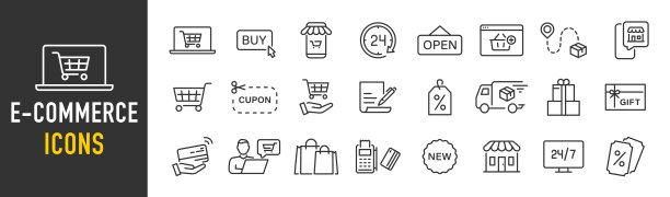 电子商务网站图标的线条风格。网上购物，送货，跟踪，客户服务，价格，销售收集。矢量插图。图片下载