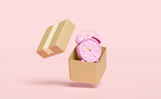 3d卡通人物闹钟与开放的纸箱隔离在粉红色的背景。快速交货，准时交货概念，3d渲染插图图片下载