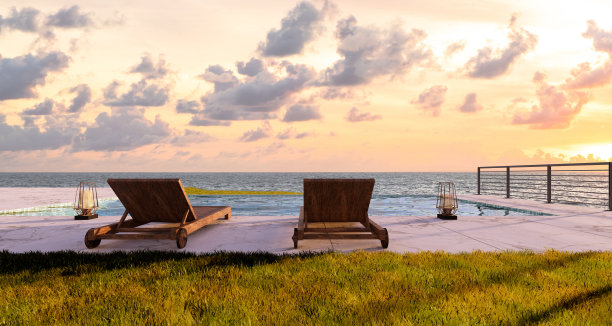 别墅前面的酒店和度假村只有一个游泳池和两把泳池椅，可以近距离地俯瞰大海和天空。适合在3D海景中放松。图片下载