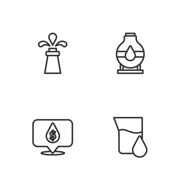 设置线石油汽油试管，下降与美元符号，钻机和油箱储存图标。向量图片下载
