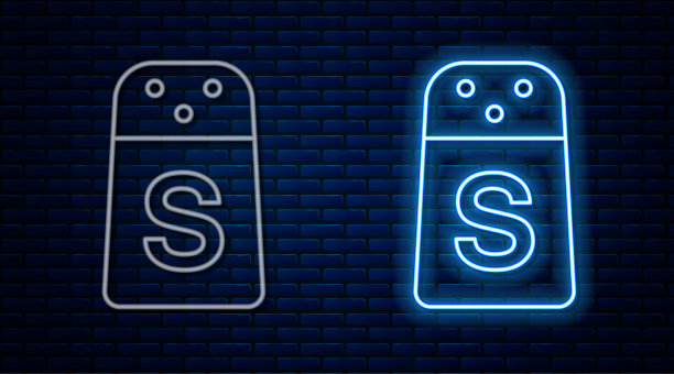 发光的霓虹灯线盐图标隔离在砖墙背景。烹饪的香料。向量图片下载