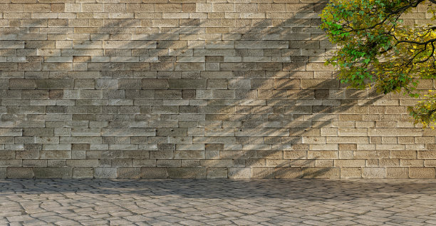 砖墙，石墙，石墙，地板，砾石地板背景，背景，阳光和树木的阴影3D渲染图片下载