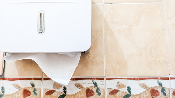 特写镜头。瓷砖墙上的现代塑料面巾纸分配器。图片下载