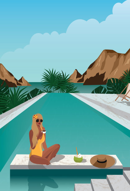 度假的夏日女孩在别墅的泳池边吃早餐图片下载