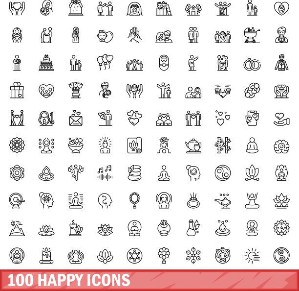 100个快乐的图标设置大纲风格图片下载