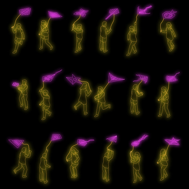 孩子们玩风筝图标设置霓虹灯图片下载