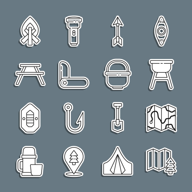 设定线位置的森林，地图，烧烤架，潮人箭头，瑞士军刀，野餐桌与长凳，篝火和露营锅图标。向量图片下载