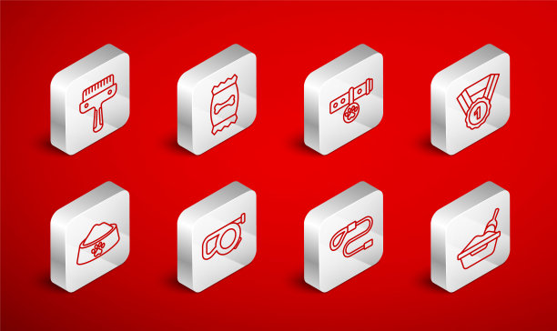 设置线猫砂托盘铲，袋宠物食品，项圈名牌，狗奖励标志，可伸缩绳皮带，毛刷狗和猫，和宠物碗图标。向量图片下载