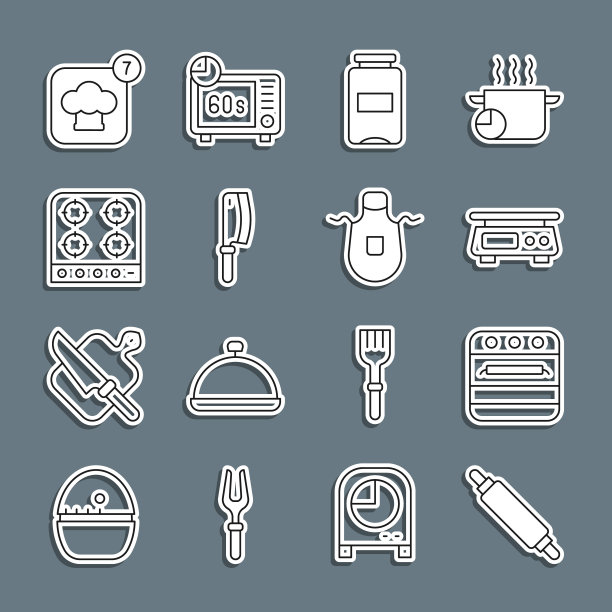 设线擀面杖，烤箱，电子秤，果酱罐，肉斩，煤气灶，厨师帽和厨房围裙图标。向量图片下载