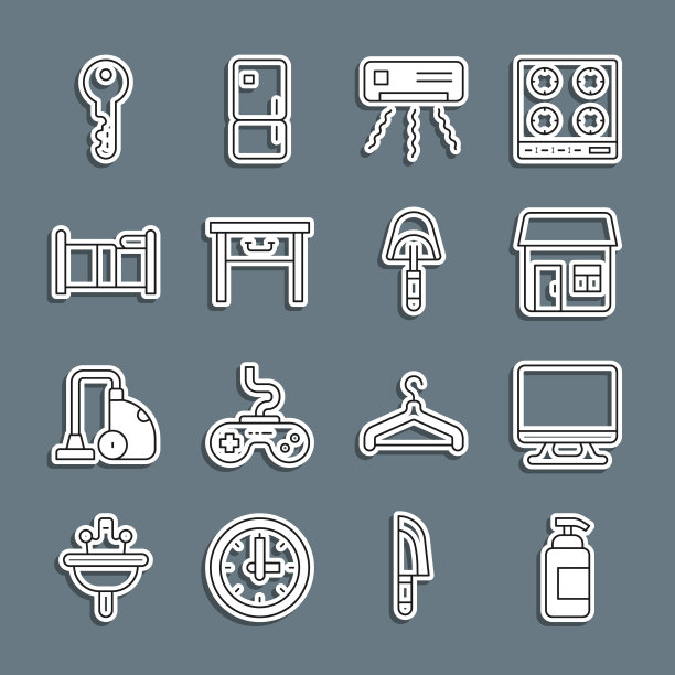 集线抗菌肥皂，智能电视，房子，空调，家具床头柜，床，钥匙和抹刀图标。向量图片下载