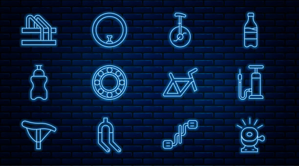 固定线路自行车铃，气泵，独轮车或单轮自行车，滚珠轴承，带水运动瓶，停车，框架和图标。向量图片下载