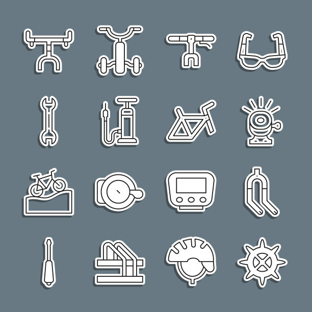 设置线自行车链轮曲柄，叉，钟，车把，气泵，扳手扳手，和框架图标。向量图片下载