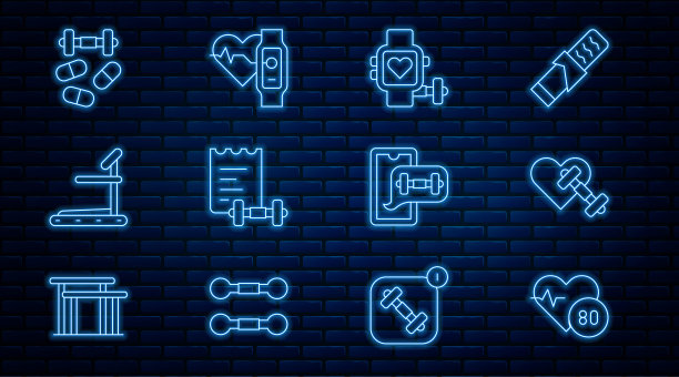 设定线心率，带心哑铃，智能手表，运动训练计划，跑步机，运动兴奋剂哑铃，健身应用程序和图标。向量图片下载