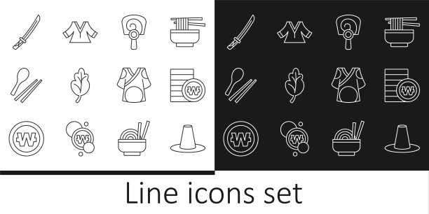 韩国帽子，韩国元硬币，手扇，泡菜，食品筷子，武士刀，和服和图标。向量图片下载