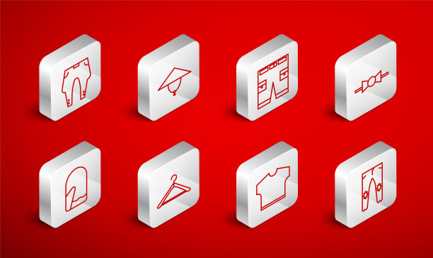 套装线裤子，亚洲锥形帽子，短裤或裤子，领结，t恤，衣架衣橱和圣诞手套图标。向量图片下载