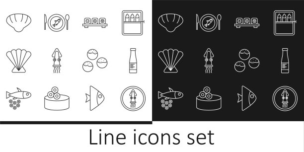 设章鱼盘，酱汁瓶，寿司砧板，扇贝，章鱼烧和鱼图标。向量图片下载