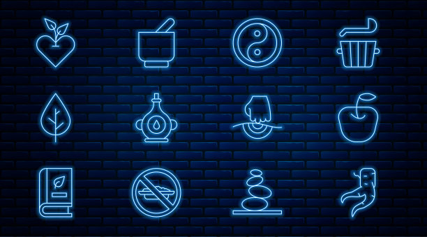 设置姜根，苹果，阴阳，油瓶，叶子，心脏，按摩和臼杵图标。向量图片下载