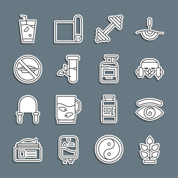 设置线植物，催眠，耳机冥想，哑铃，实验室玻璃和树叶，食物饮食，新鲜的冰沙和一瓶液体肥皂图标。向量图片下载