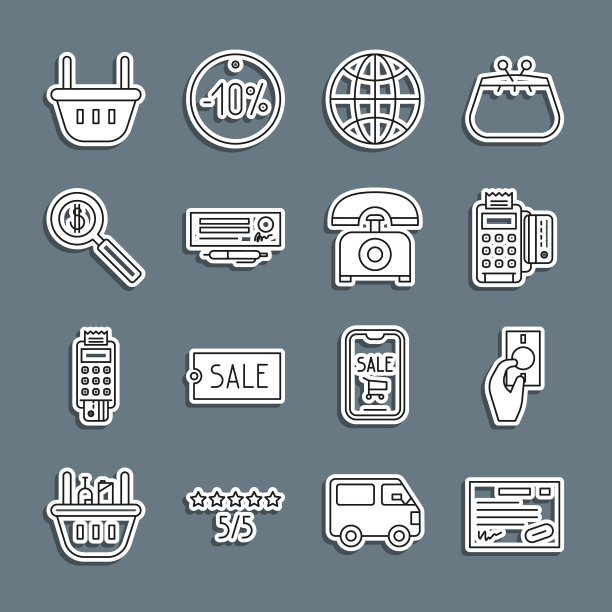 固定线路保修证书模板，手持货币，POS终端与信用卡，世界各地，银行支票笔，放大镜美元，购物篮和电话图标。向量图片下载