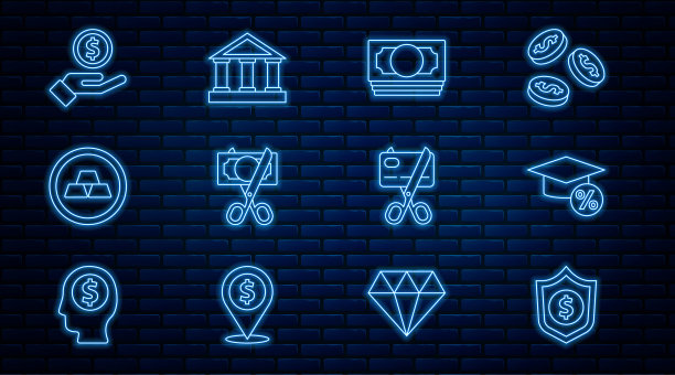 设线盾与美元，毕业帽和硬币，堆纸币现金，剪刀剪，金条，手给予，信用卡和银行建筑图标。向量图片下载