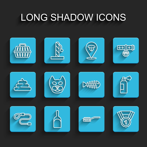 套线可伸缩绳皮带，簸箕，宠物手提箱，狗和猫毛刷，狗奖标志，猫，洗发水和鱼骨架图标。向量图片下载