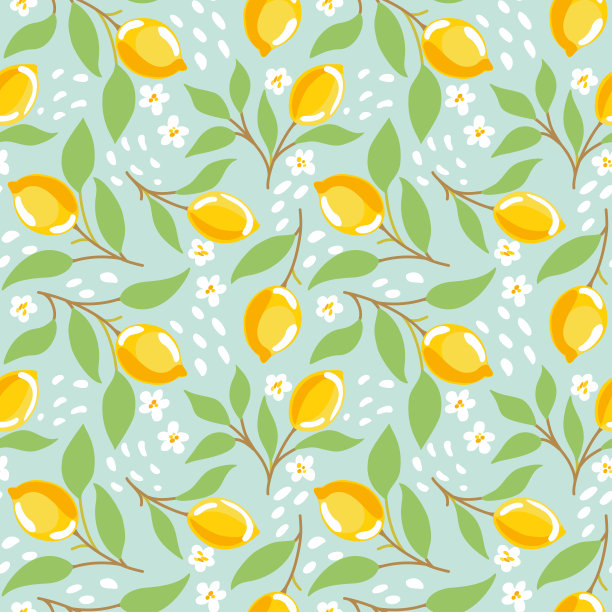 绿松石背景上多汁的柠檬。柠檬枝，落花。夏天打印。图片下载