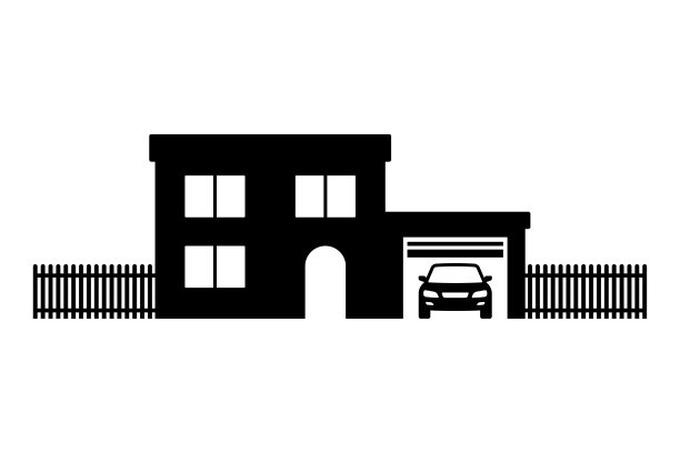 有车库图标的房子。黑色的轮廓。前视图。矢量简单的平面图形说明。白色背景上的孤立物体。隔离。图片下载