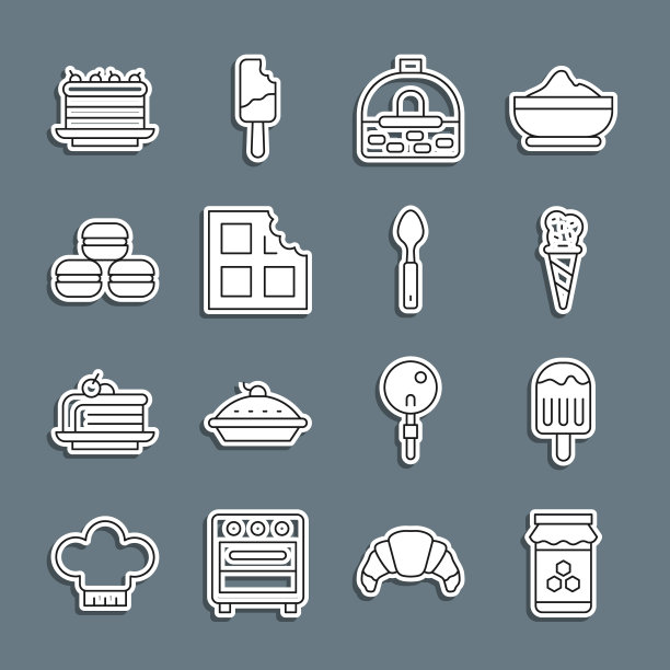 设置线罐蜂蜜，冰淇淋，在华夫饼，砖炉，巧克力棒，马卡龙饼干，蛋糕和勺子图标。向量图片下载