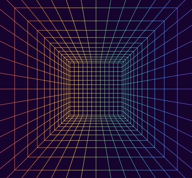 网格房间在透视3d风格。室内线框由彩虹激光束，数码空盒。抽象几何设计图片下载