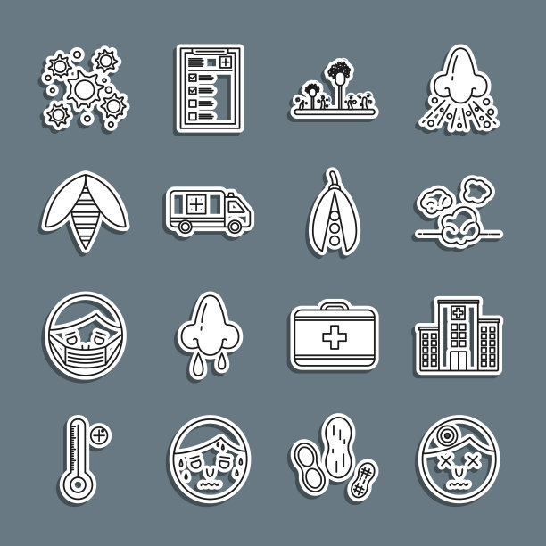 设置线人头痛，医疗医院大楼，灰尘，霉菌，紧急汽车，蜜蜂，细菌和芸豆图标。向量图片下载