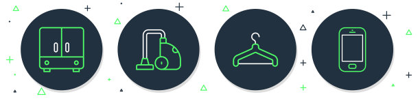集吸尘器，衣架衣柜，衣柜和手机图标。向量图片下载