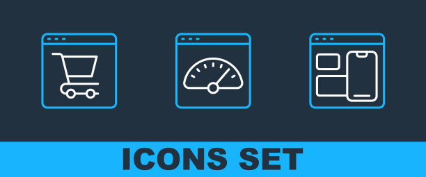 集行Web开发人员编程代码，网上购物屏幕和数字测速图标。向量图片下载