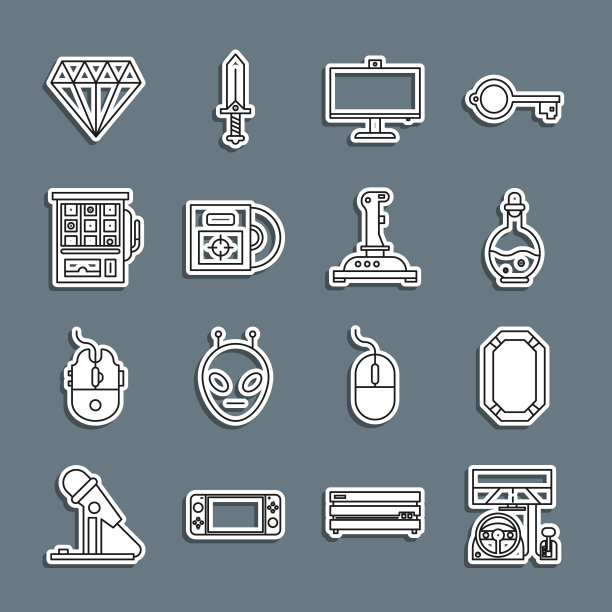 设置线赛车模拟器座舱，扑克桌，瓶子与魔法长生不老药，电脑显示器，CD DVD磁盘盒，老虎机，钻石和摇杆的街机图标。向量图片下载