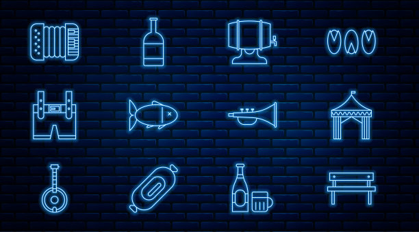 集线长凳，露营帐篷，木桶架，鱼，皮短裤，手风琴，乐器小号和啤酒瓶图标。向量图片下载