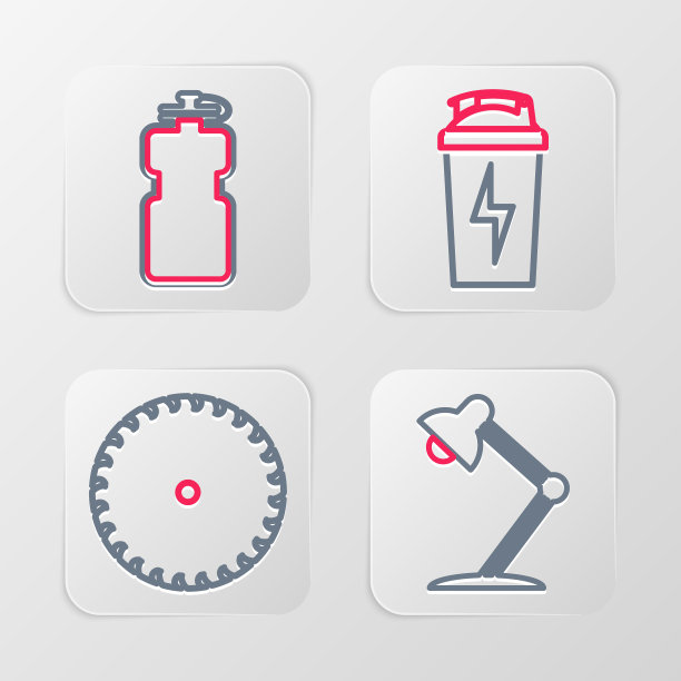 设置线台灯，圆锯片，健身摇壶和运动瓶与水的图标。向量图片下载