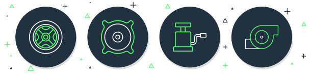 集线汽车音响扬声器，气泵，车轮和汽车涡轮增压器图标。向量图片下载