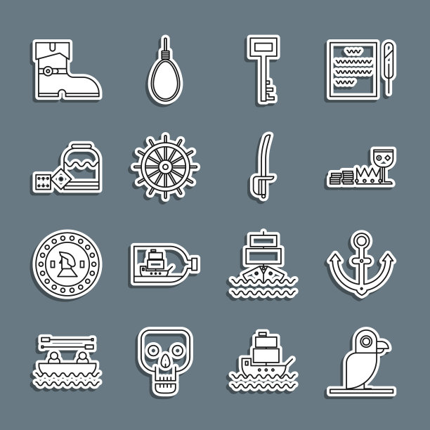 设置线海盗鹦鹉，锚，宝藏和财富，钥匙，船方向盘，游戏骰子，皮革海盗靴和剑图标。向量图片下载
