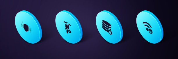 设置等距Wifi锁定，服务器安全，电动滑板车和网络图标。向量图片下载