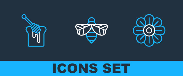 设置线花，蜂蜜蘸棒与蜂蜜和蜜蜂的图标。向量图片下载