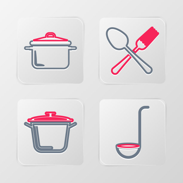 设置线厨房勺子，烹饪锅，交叉叉和勺子和图标。向量图片下载
