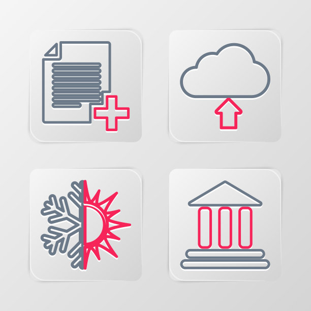 设置行银行大楼，太阳和雪花，云上传和添加新的文件图标。向量图片下载