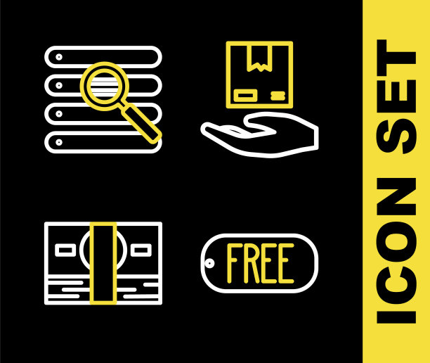 设置线交货手与盒子，价格标签文字免费，堆栈纸币现金和搜索在浏览器窗口的图标。向量图片下载