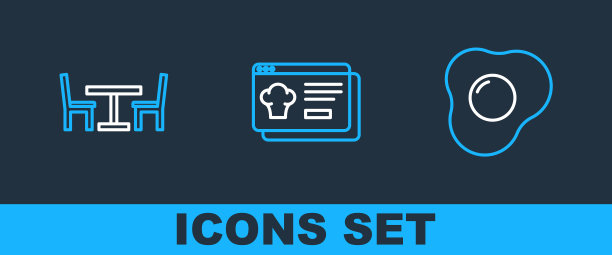 设置线炒鸡蛋，木制桌子与椅子和在线订购和交付图标。向量图片下载