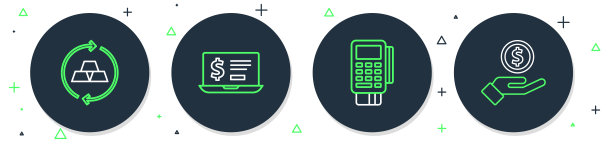 设置线笔记本电脑与美元，POS终端信用卡，金条和手给钱的图标。向量图片下载