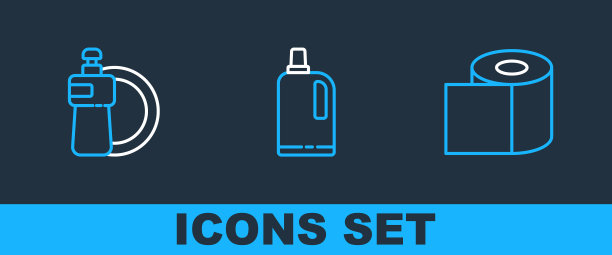 设置线厕纸卷，洗洁精瓶和盘子和织物柔顺剂图标。向量图片下载