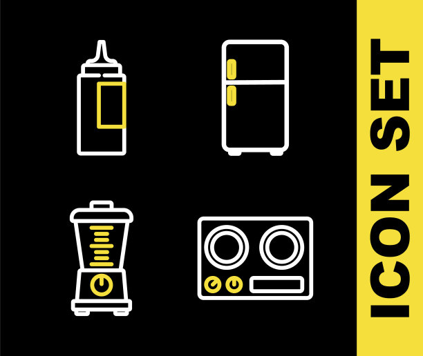 设置线路冰箱，燃气灶，搅拌机和酱瓶图标。向量图片下载