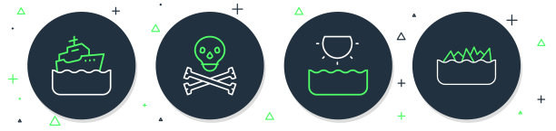 设置线骷髅在交叉骨，太阳，游轮和尖锐的石礁图标。向量图片下载