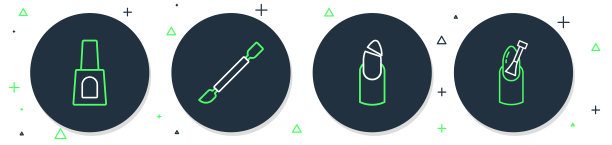设置线角质层推动者，破碎的指甲，瓶子的指甲油和指甲修剪图标。向量图片下载